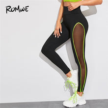 Load image into Gallery viewer, ROMWE Neon Lime Contrast Binding Sheer Panel Workout Leggings Women Clothes Fitness Black Leggings Activewear Ladies Leggins