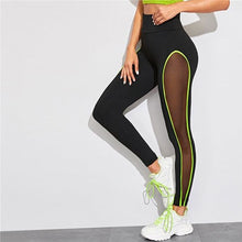 Load image into Gallery viewer, ROMWE Neon Lime Contrast Binding Sheer Panel Workout Leggings Women Clothes Fitness Black Leggings Activewear Ladies Leggins