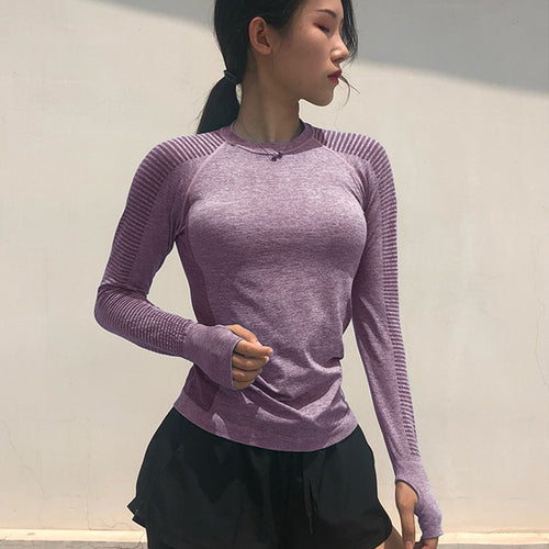 LEOQ Yoga Long Sleeve Shirts High Elastic Women Solid Gym Fitness Tops Elastic Crop Top Finger Sleeve Sports Workout Active Wear