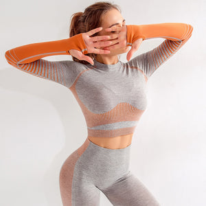 Striped Women Yoga Shirt Long Sleeve T-shirt Gym Woman Workout Crop Top Fitness Sports Running Exercise Seamless Ladies Clothes