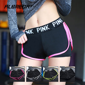 ALBREDA Letter Sports runing Shorts Women Yoga Shorts Push Hips Sexy Middle Waisted Gym Fitness Elastic Quick Dry Running Shorts